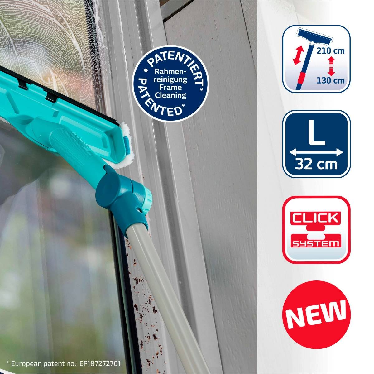 6 Щетка Leifheit W&F Cleaner L для мытья окон с губкой и телескопической ручкой, 130-210см фото 5